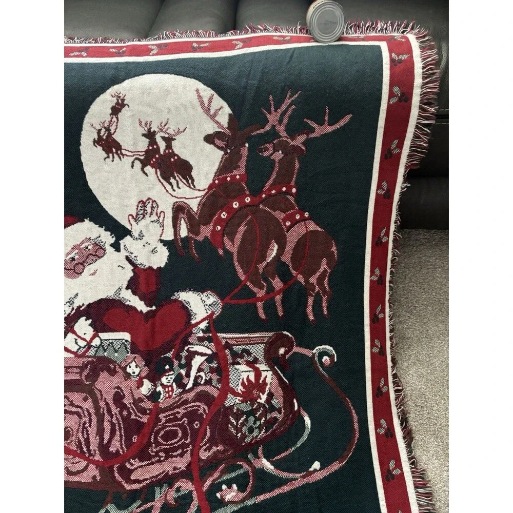 Vintage 90s Christmas Woven Tapestry Throw Blanket Santa Sleigh Reindeer 48x66